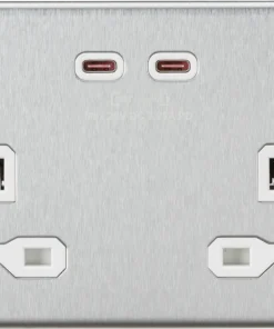 Knightsbridge SFR9965BCW Screwless 13A 2G DP Switched Socket with Dual USB-C (65W DUAL FASTCHARGE) - Brushed Chrome + White Insert