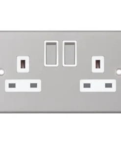 Selectric DSL122 5M 2 Gang 13A Switched DP Socket Outlet with 2 Earth Terminals - Satin Chrome, White Insert