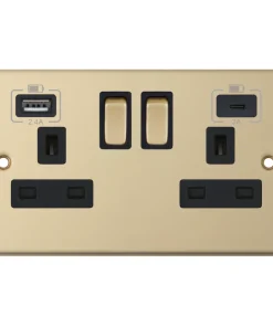 Alternative view of Selectric DSL863 5M 2 Gang 13A Switched Socket Outlet with 1x USB Type-A (2.4A) & 1x USB Type-C (3A) - Satin Brass, Black Insert
