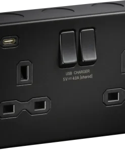 Knightsbridge MR9940TB Metalclad 13A 2G SP Switched Socket with Dual USB A+C - Textured Sand Black Finish