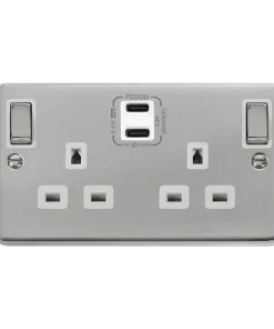 Click Deco Plus DPCH596WH 'Ingot' 13A 2 Gang Switched Safety Shutter Socket with Twin Type C USB (4.2A) - Polished Chrome (White)
