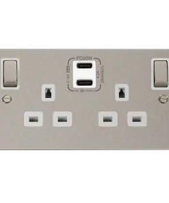 Click Define FPPN596WH Flat Plate 'Ingot' 13A 2 Gang Switched Safety Shutter Socket with Twin Type C USB (4.2A) - Pearl Nickel (White)