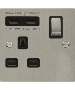 Click Define FPSS595BK Flat Plate 'Ingot' 13A 1 Gang Switched Safety Shutter Socket with Twin Type C USB (4.2A) - Stainless Steel (Black)