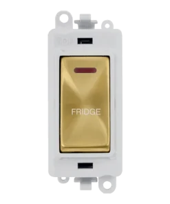 Click GridPro GM2218PWSB-FD 20AX Double Pole Switch with LED Module printed "Fridge" - Satin Brass (Polar White)