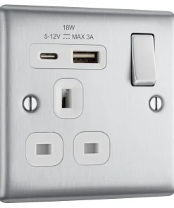 Alternative view of BG NBS21UAC18W Nexus Metal 13A Single Switched Power Socket + USB A+C (18W) - Brushed Steel + White Insert