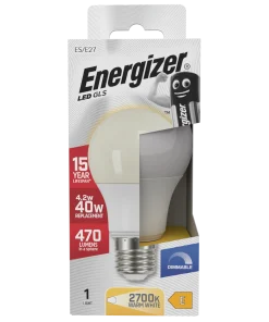 Energizer S29776 4.2W 470lm E27 ES GLS LED Bulb Opal Warm White 2700K Dimmable