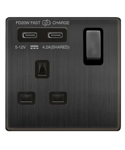 Click Definity Complete SFBZ595BK 'Ingot' 13A 1 Gang Switched Safety Shutter Socket with Twin Type C USB (4.2A) - Matt Bronze - Black Inserts
