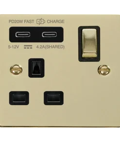 Alternative view of Click Deco VPBR595BK Victorian 'Ingot' 13A 1 Gang Switched Safety Shutter Socket with Twin Type C USB (4.2A) - Polished Brass (Black)