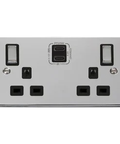 Click Deco VPCH596BK Victorian 'Ingot' 13A 2 Gang Switched Safety Shutter Socket with Twin Type C USB (4.2A) - Polished Chrome (Black)