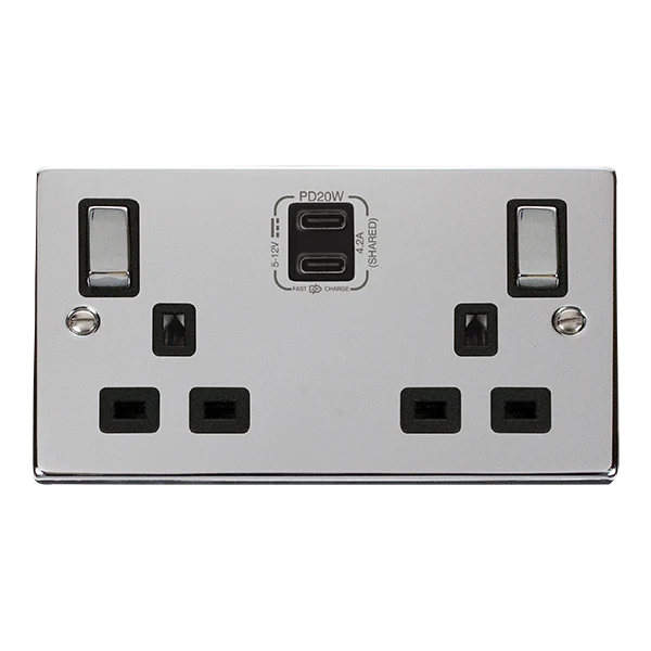 Click Deco VPCH596BK Victorian 'Ingot' 13A 2 Gang Switched Safety Shutter Socket with Twin Type C USB (4.2A) - Polished Chrome (Black) - Image 2